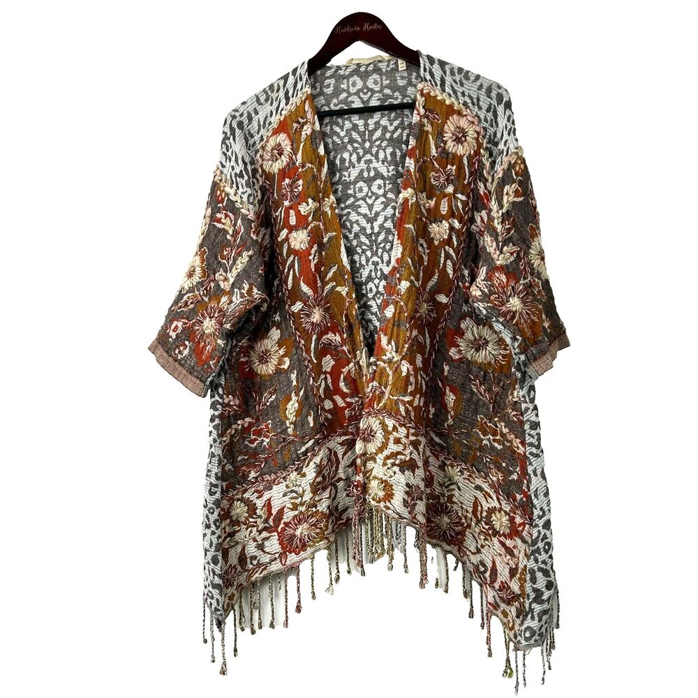Soft Surroundings Womens S/M Pasha Pumpkin Wool Leopard Cardigan Fringe Boho - Picture 3 of 13